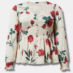 NWT Torrid Smocked Waist - Blouse - Roses Floral 1X