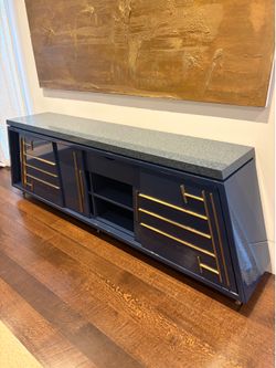 Blue lacquer asymmetrical server sideboard with gold accents