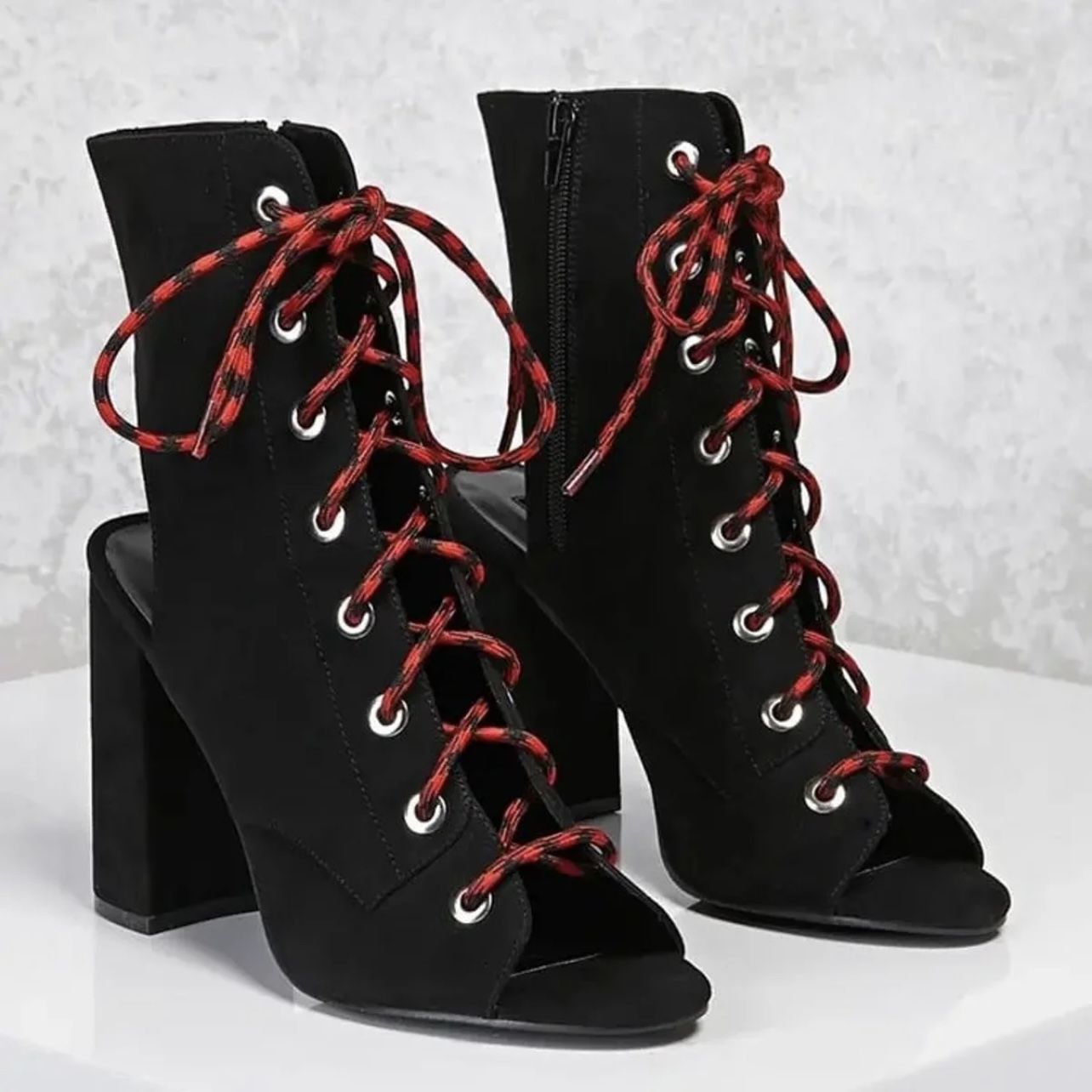 FOREVER 21 Black Lace Up Open Toe Ankle Booties 