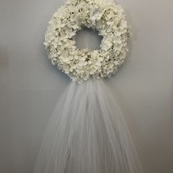 NEW White Hydrangea Wedding Door Hanger with White Veil