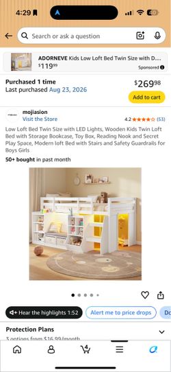 Low Loft Bed Twin Size with LED lights