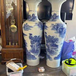 Vase, Ceramics Blue Landscape Floor vase Living Room Flower Arrangement Decorative Gift Ornaments Decorative Vase