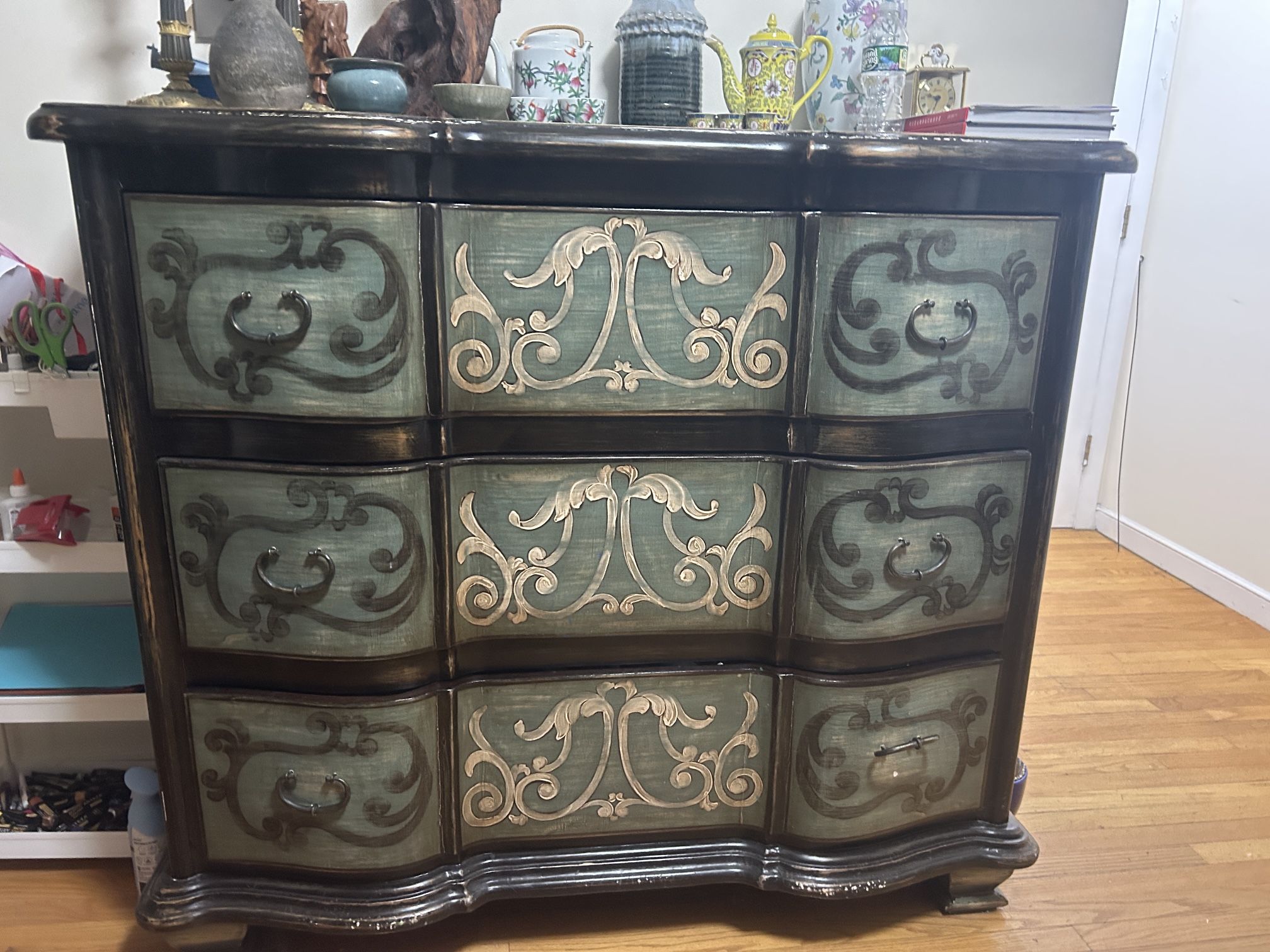 Vintage Hand-Painted 3Drawer Dresser / Chest – Teal & Gold Scroll Design