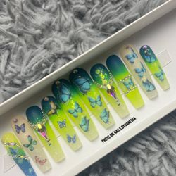 XL coffin blue green press on nails rhinestones , glitter ,ombré ,butterflies
