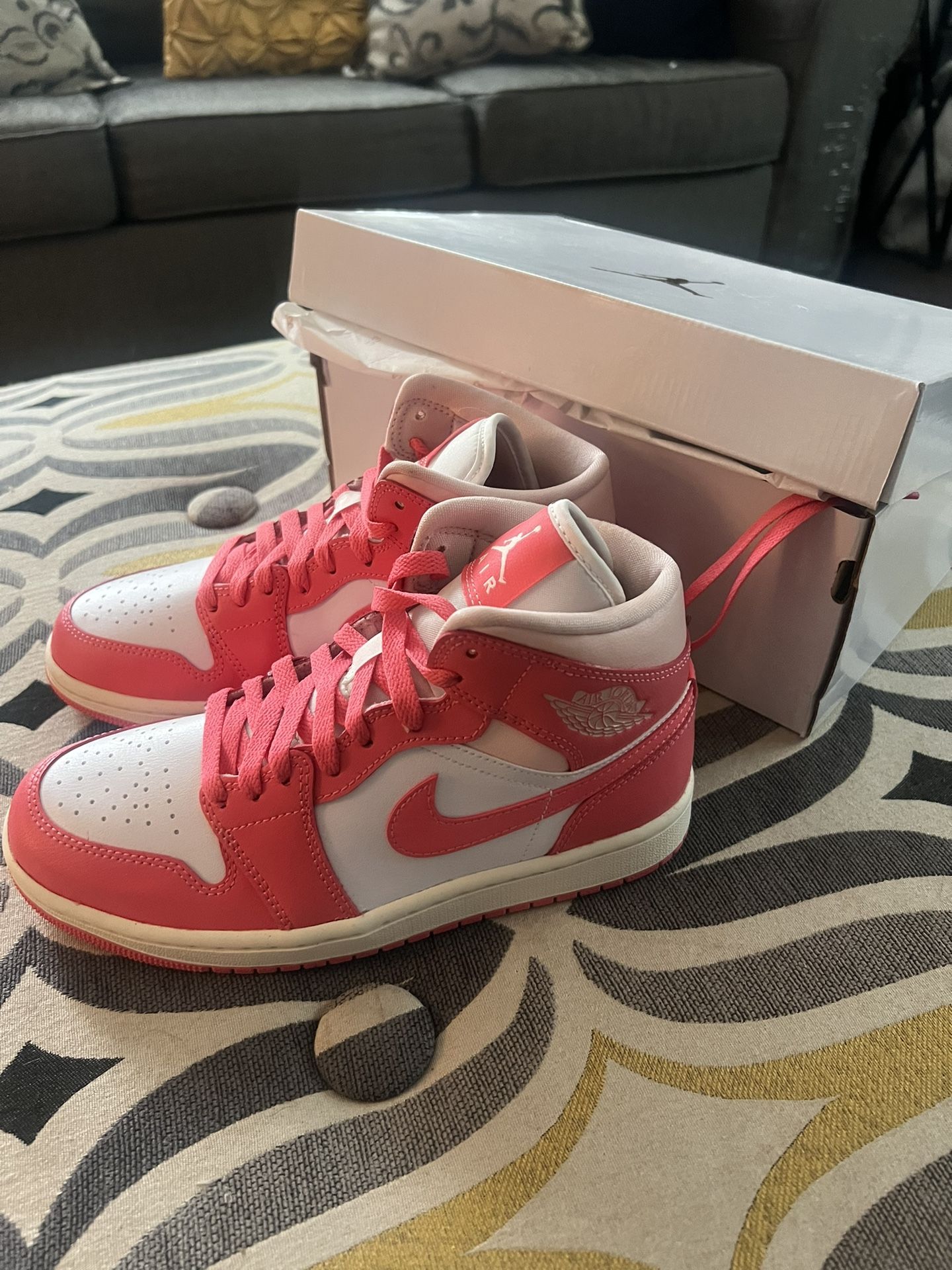 Pink Air Jordans 1 Mid WHITE/SEA CORAL-ATMOSPHERE Barbie basketball sneaker