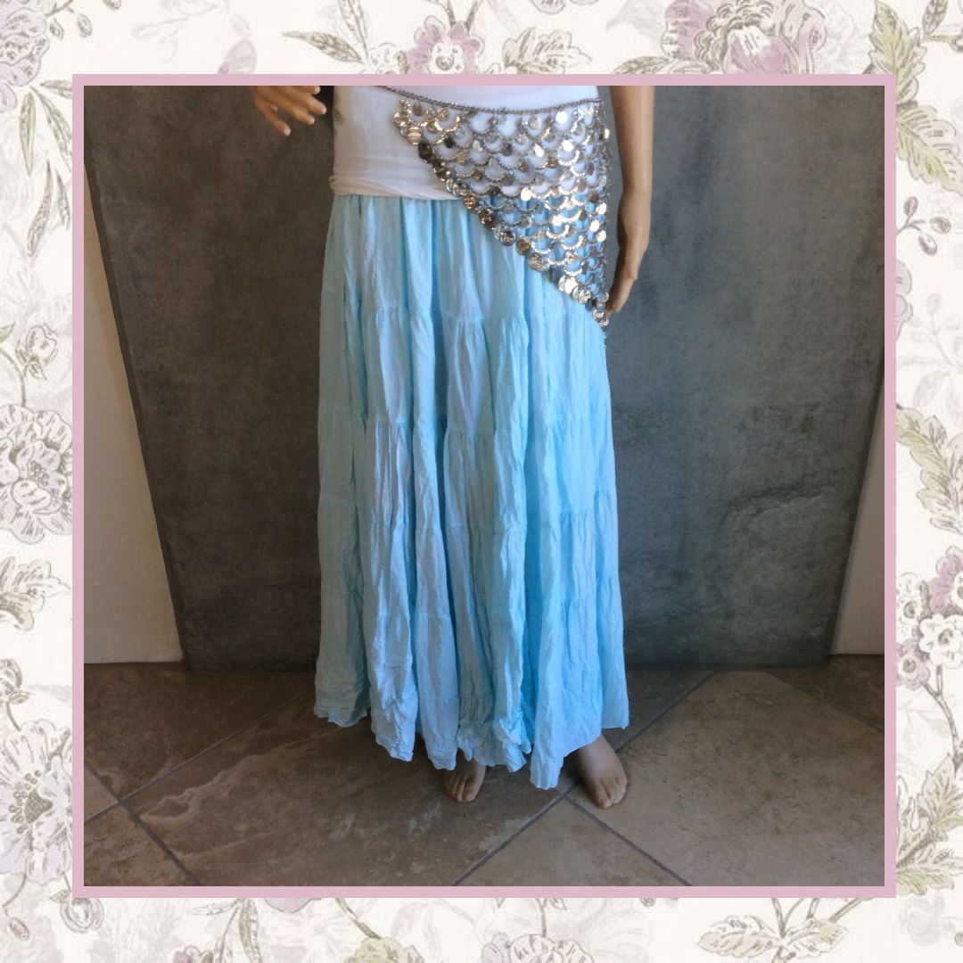 5PC BLUE MAXI SKIRT GYPSY FLARE COIN BELT HIPPIE FESTIVAL BELLY DANCE SCARF CHAIN - white hair flower, white adjustable tank, seashell necklace