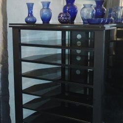 SHELVING UNIT BLACK with 6 BLACK GLASS SHELVES & SWIVEL TOP