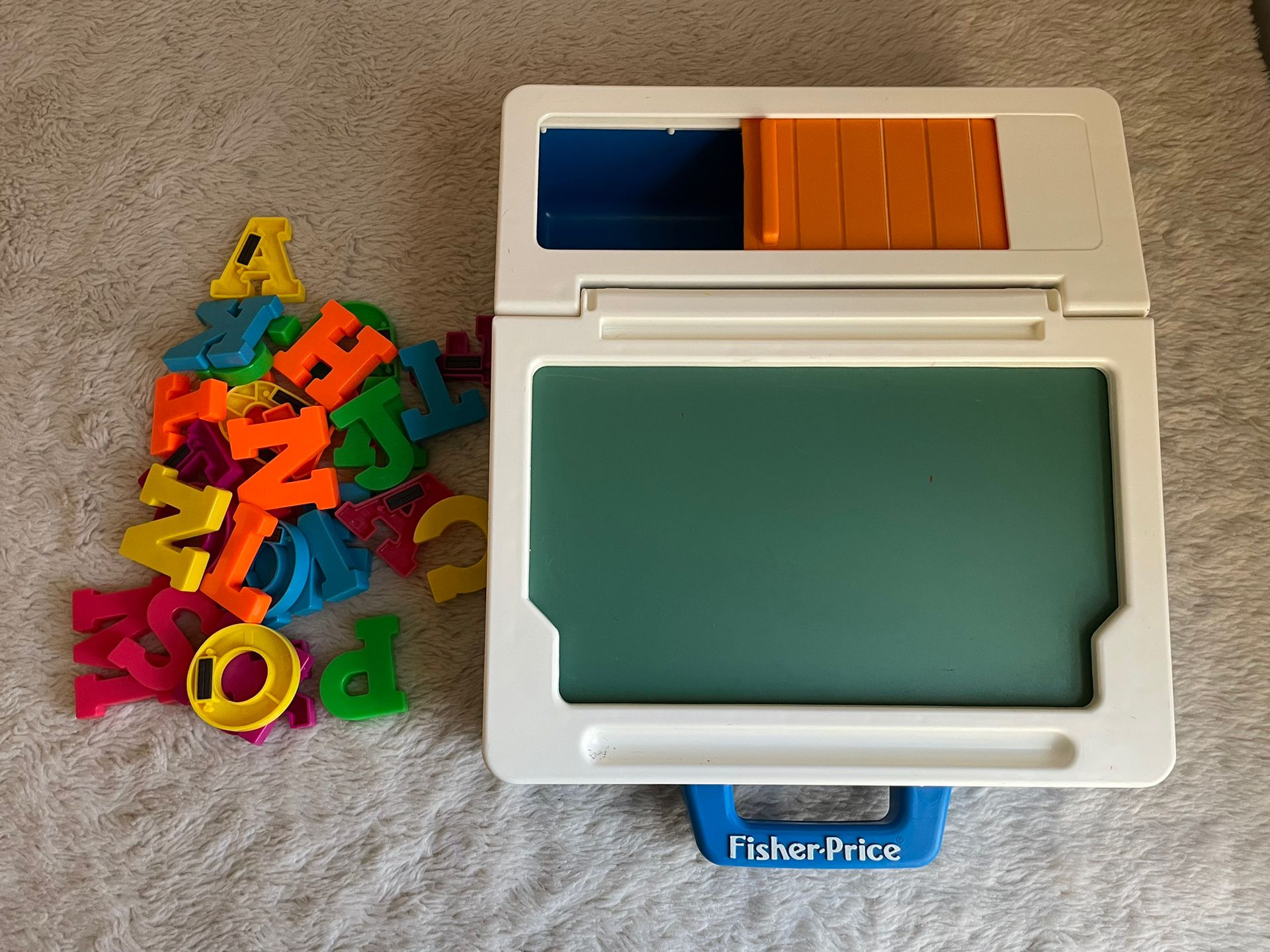 Vintage Fisher Price School Days Rolltop Play Desk Chalkboard with Magnetic Letters 1990