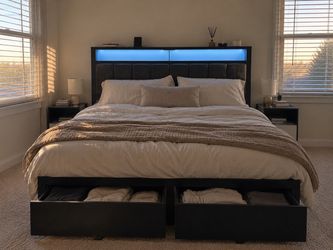 Black queen Bed Frame with LED Headboard and Storage Drawers