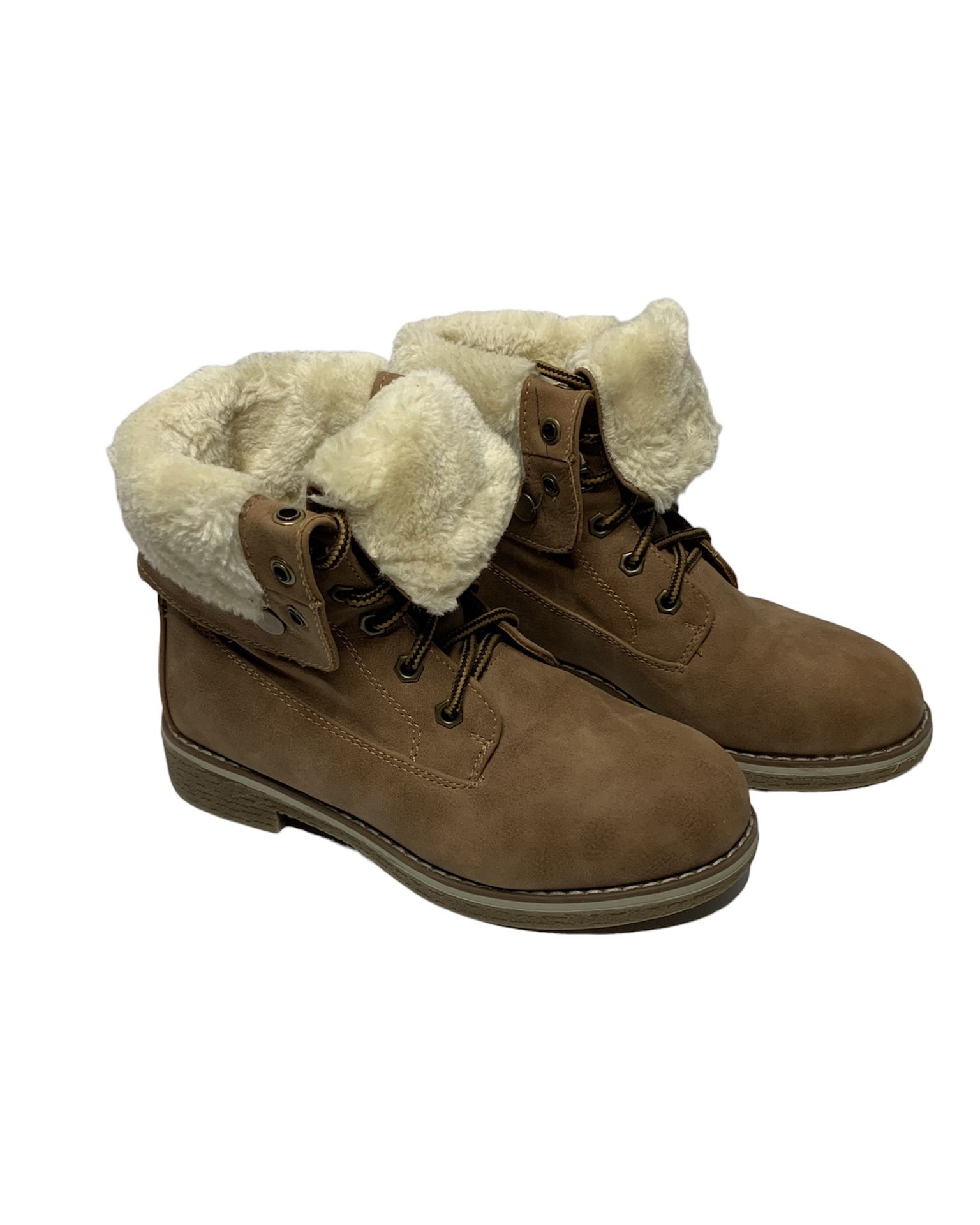 Women’s Tan Stylish Combat Boots W/ Fold Down Fur Cuff (Size: 5)