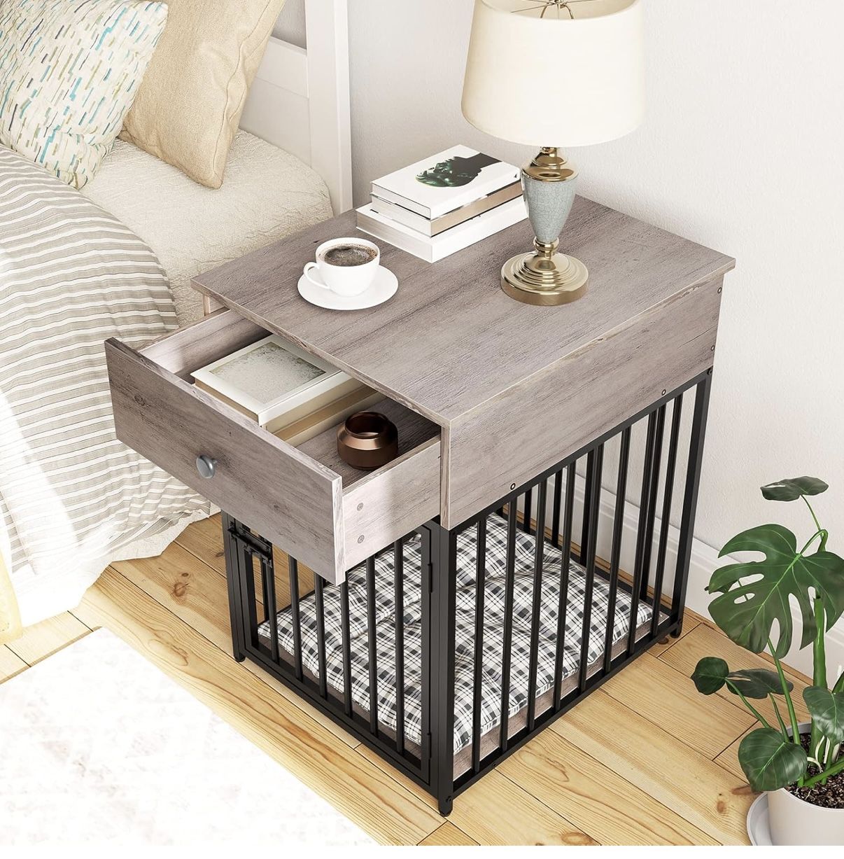 Dog Crate Furniture, Wooden Dog House, Decorative Dog Kennel with Drawer, Indoor Pet Crate End Table for Small Dog, Steel-Tube Puppy Cage, Chew-Proof