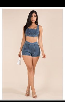 Wildcat Light Washed Denim Crop Top And Short Set Sz Medium