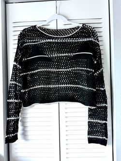 Black Open-Knit Striped Crop Sweater