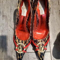 BABY PHAT Gorgeous Kimora Lee Simmons style, animal print black, red and gold color womens high heels Shoes size 6B” 