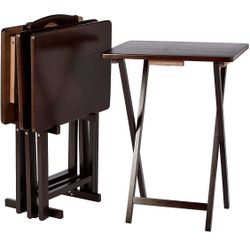 New Set Of 5 Large Folding TV dinner Tray Laptop Table Stand Black Walnut 