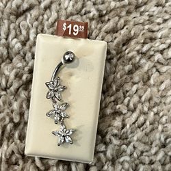 Solid Stainless Steel CZ Marquise Triple Flower Dangle Belly Button Ring - 14G