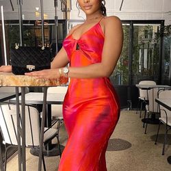 Iamdoyleyboutique New   Satin V Neck Halter Bandage Slim Midi Dress Sexy Party Club Elegant Festival Birthday Prom Vacation ,rad L
