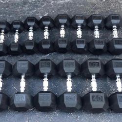 FULL SET OF NEW RUBBER DUMBBELLS (PAIRS OF)  :  10s  15s  20s  25s  30s  35s  40s  ••  Will Sell Individual Pairs / Also Have :45s 50s 55s 60s 65s 70s
