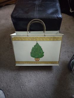 Vintage Tin Christmas Tree Carrier Tote