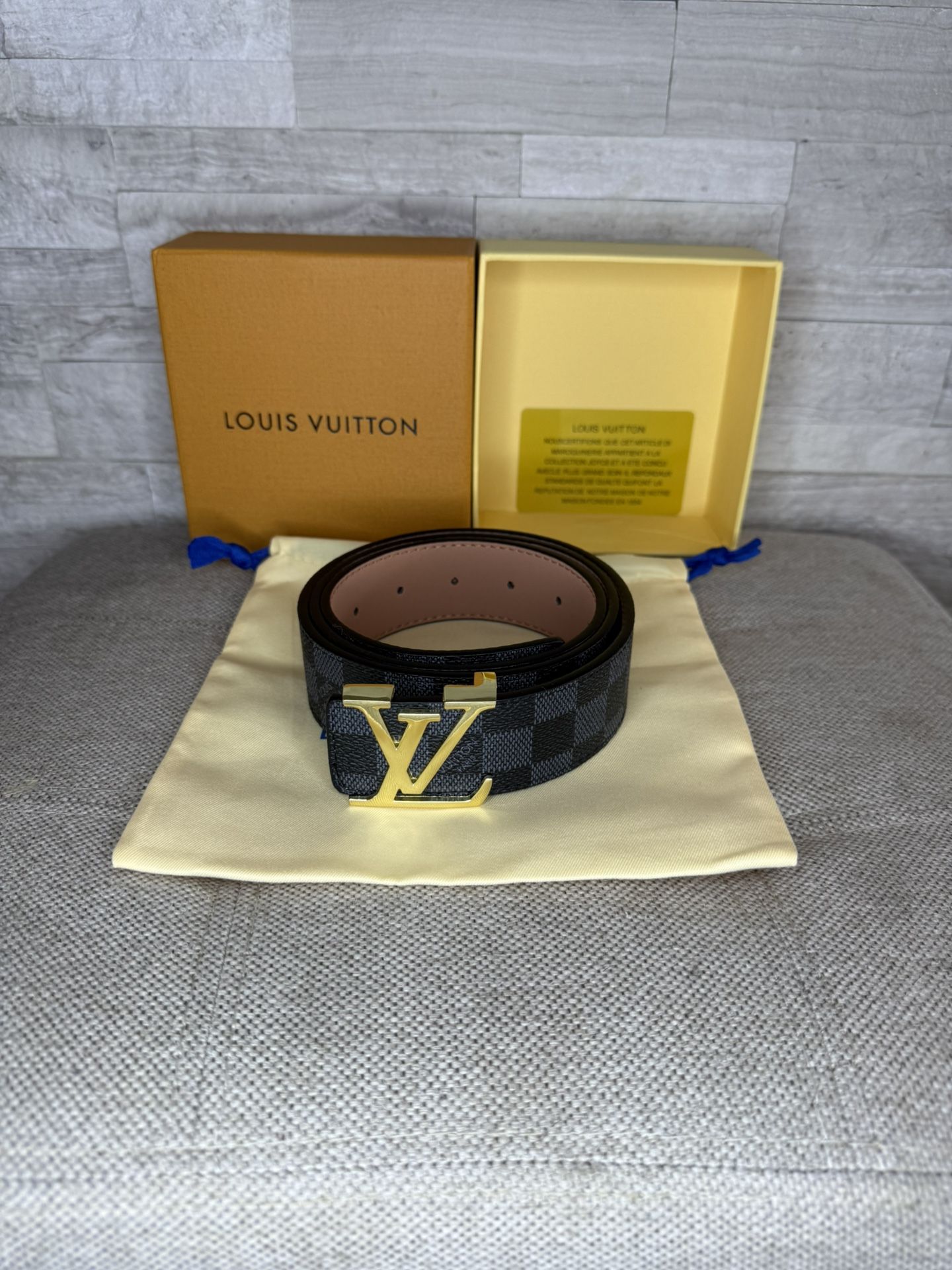 Lv Black Checkered Belt (gold Buckle)