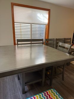 Gray Wood Dining Table with Chairs and Bench