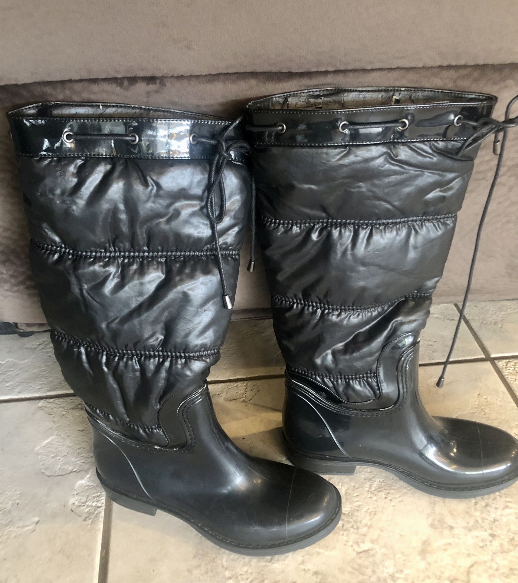 Bamboo Women's Tall Rubber Rain Boots - Black Size 8 Draw String Top