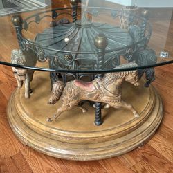 Vintage 4-Horse Carousel Coffee Table With 44" Glass top Diameter 