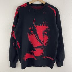Black Red Edgy Grunge Girl Face Portrait Graphic Long Sleeve Pullover Sweater