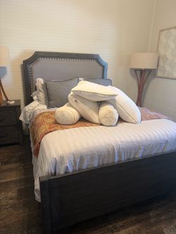 Queen bed and one night stand with mattress and bunky boards