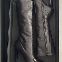 Saint Laurent Knee High Black Sold Leather Side Zip front Gold Buckle