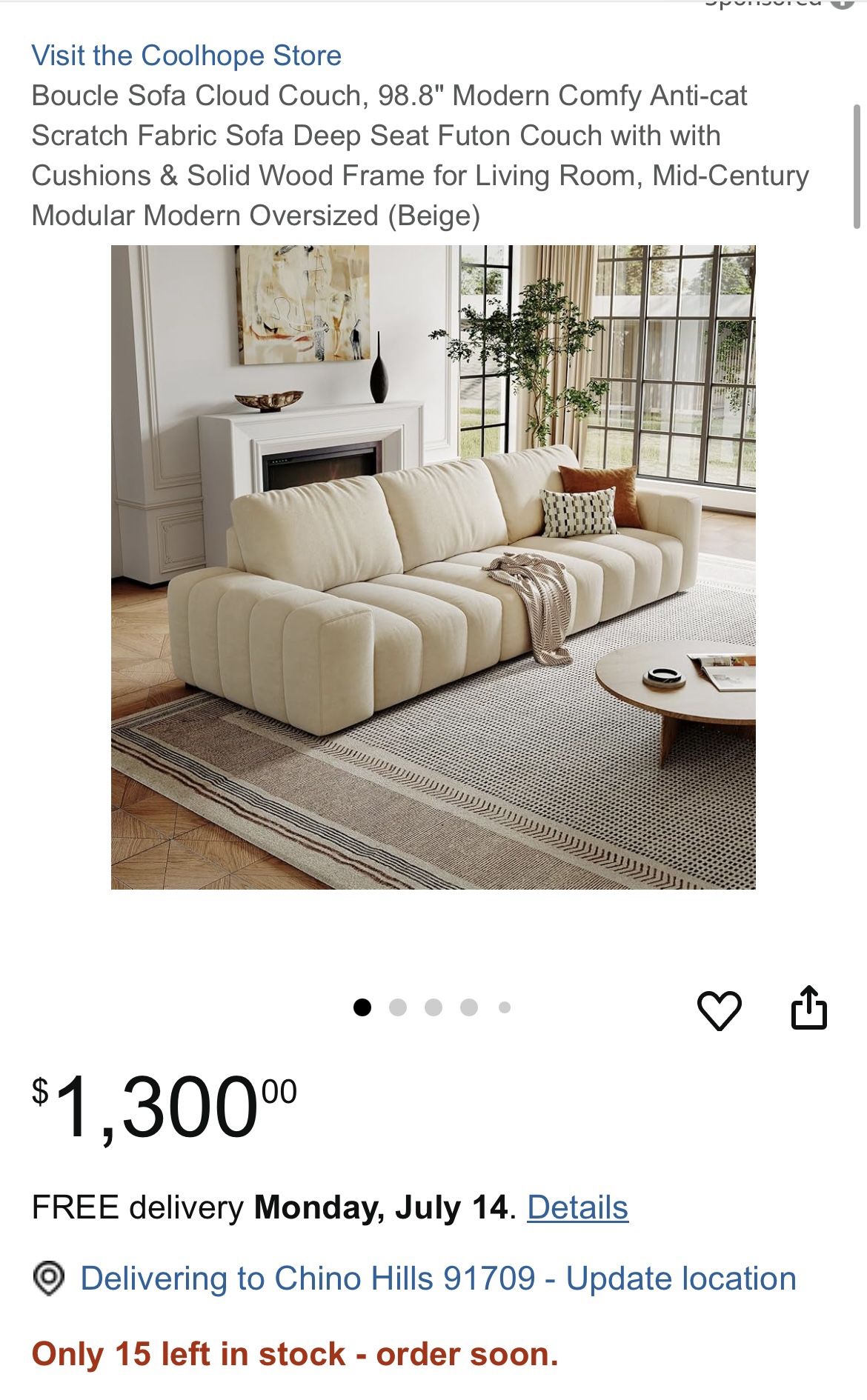 Boucle Sofa Cloud Couch, 98.8"