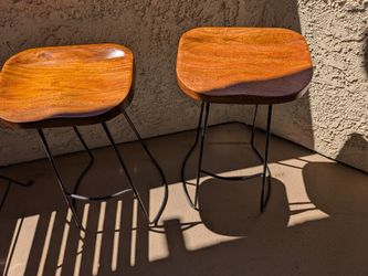 2x Bar Stools - Solid wood seat, and strong metal legs.