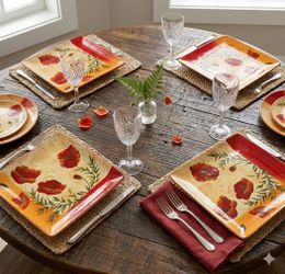Set of 4 Pier 1 Imports “Poppies” Square Dinner Plates - Discontinued/Excellent Condition