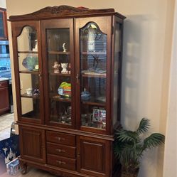 Antique China Cabinet and Matching Dining Room Table With Glass Top.