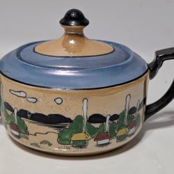 Vintage Lusterware Covered Sugar Bowl Japan TA Mark Hand Painted Village Scene 7in

