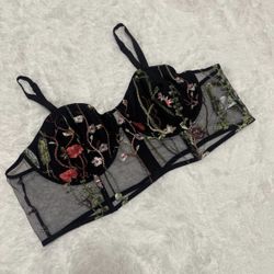 New 2x black sheer embroidered bustier lingerie boho festival floral crop top