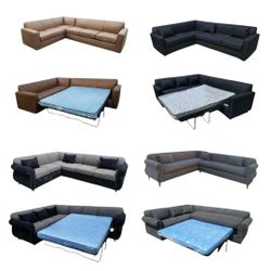 BRAND NEW 7X9FT  SECTIONAL WITH SLEEPER COUCHES. CHARCOAL, BLACK, CHARCOAL BLACK FABRIC AND  DAKOTA CAMEL LEATHER  Sofa / More Color FABRIC Available 