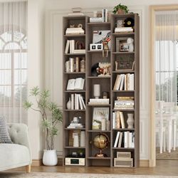21-Cube Bookcase and Bookshelves with Adjustable Shelves, 71.3'' Triple Width Open CD Display Storage Rack，Oak
