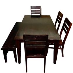 World Market Espresso Dining Table with leaf, 4 chairs & bench-excellent condition