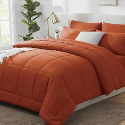 CozyLux Queen Size Comforter Sets Terracotta - 3 Pieces Burnt Orange Box Stitched Queen Bed Set for All Season
