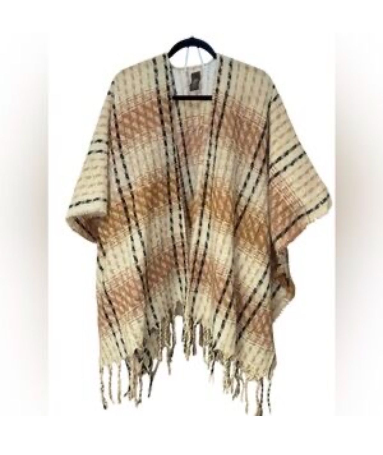 NWOT Vince Camuto BEIGE Plaid Shawl Cape Poncho Fringe kimono Knit Super Soft  One Size