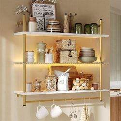 41" Floating Shelves for Wall with LED Light 3-Tier Wall-Mounted Wood Shelves with 8 S-Hooks, White Finish & Gold Frame