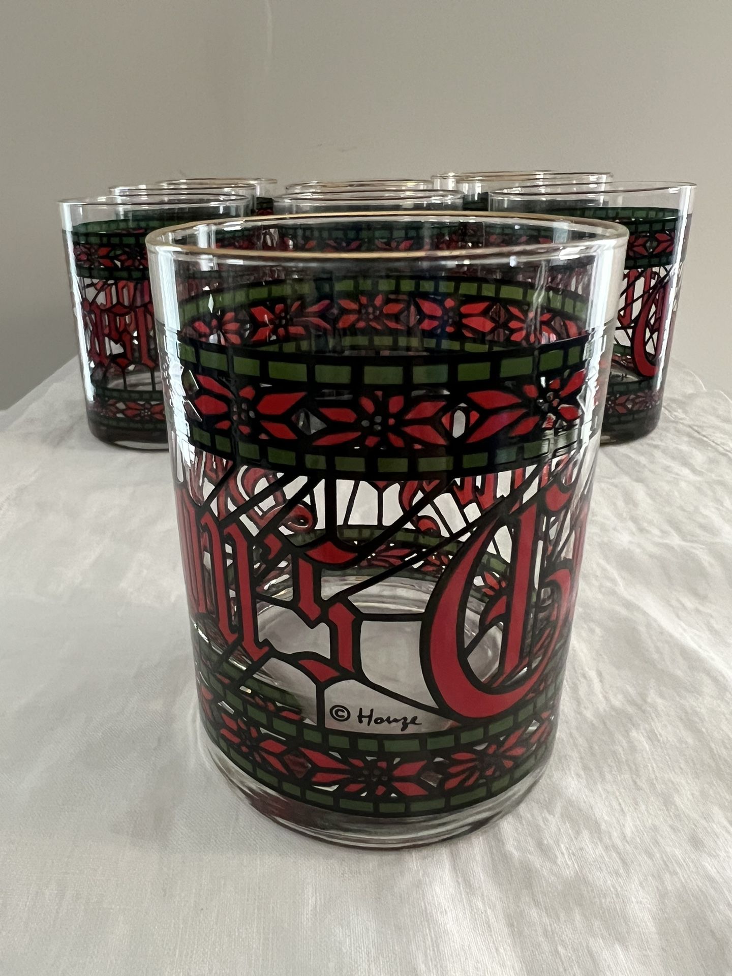 10 Vintage Cera Houze Seasons Greetings Glasses Tumblers Stained Glass Gold Rim