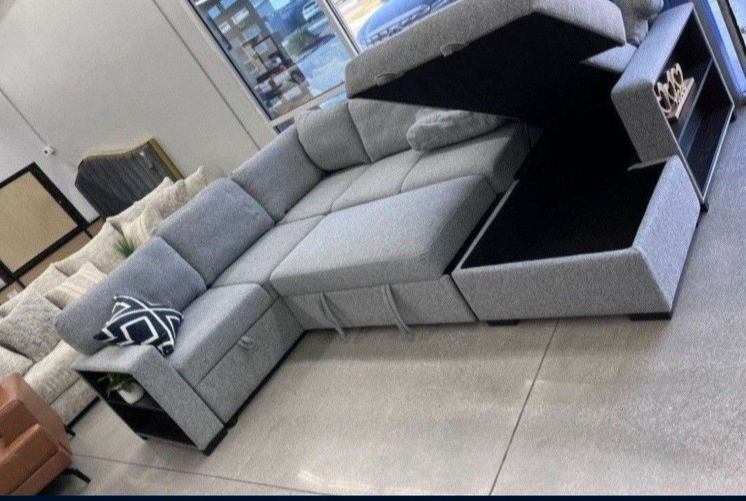 ✅️✅️4 pc Grey boucle fabric sectional sofa with storage chaise and love seat and pop up sleep area in center drop down tray tables✅️✅️✅️