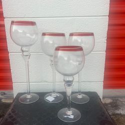 Lot Of 4 Candle Tea Light Holder Clear Glass Goblet Red Trim