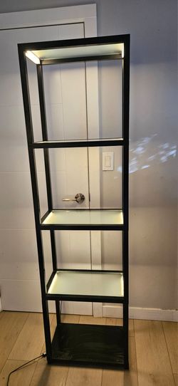 Black Metal Shelving Unit with LED Lit Glass Shelves