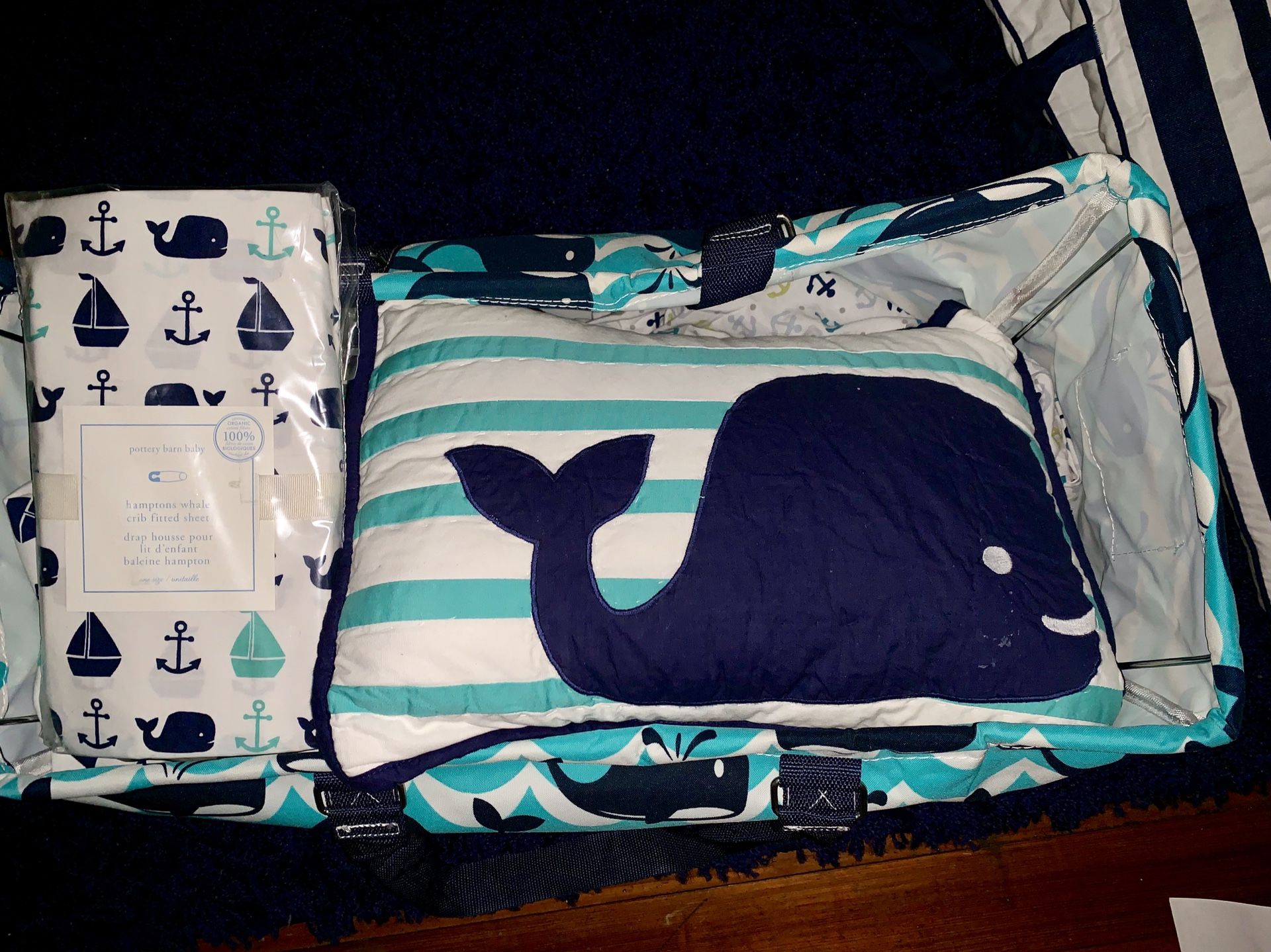 Pottery Barn Hampton whale baby sheets, PB crib bumper, and PB pillow. Also a whale boppy pillow