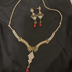 Gold Plated Artificial Jewellery Set With Semi Precious Ruby Stones 