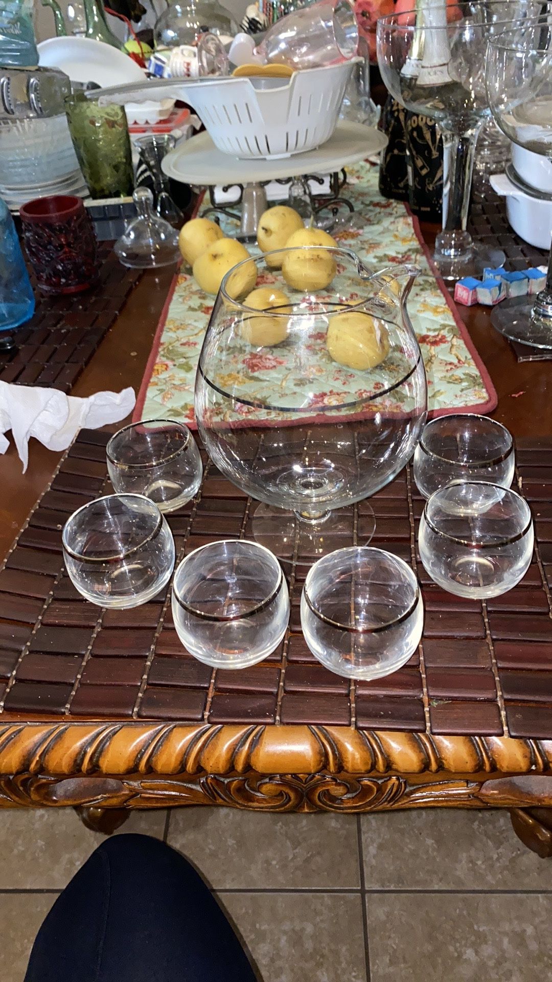 Midcentury Martini Pitcher w/ 6 Glasses silver band