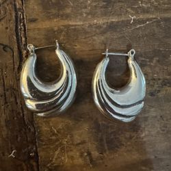 3D PUFFY VINTAGE ESTATE STERLING SILVER HOLLOW HOOP LEVER POST EARRINGS 1.25” 